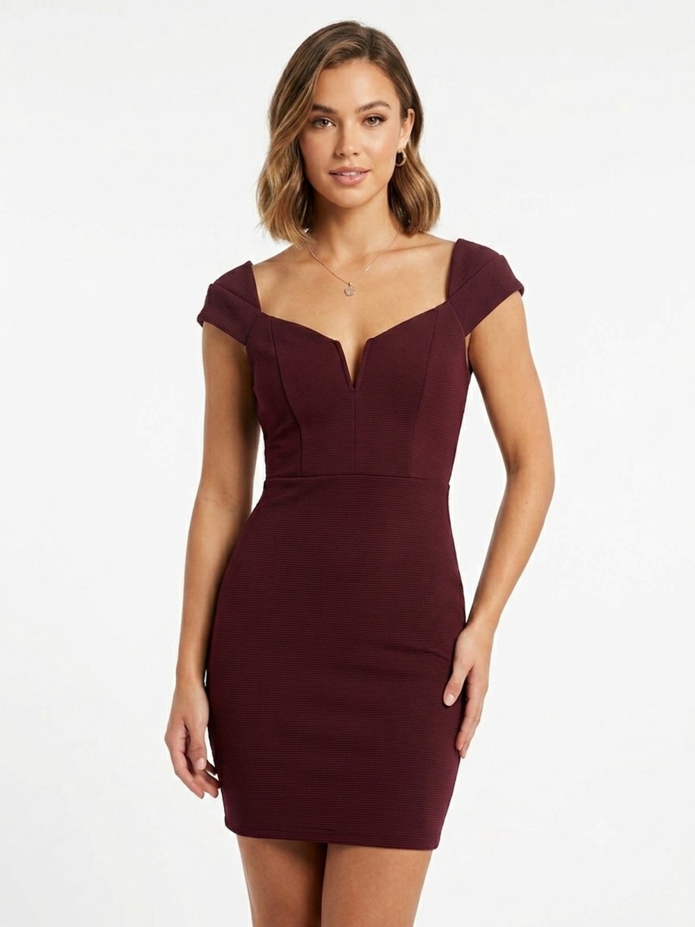 Mystic, Burgundy Off-Shoulder V-Notch Mini Dress - M